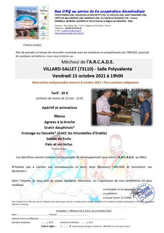 Flyer de l'association ARCADE qui organise son méchoui annuel