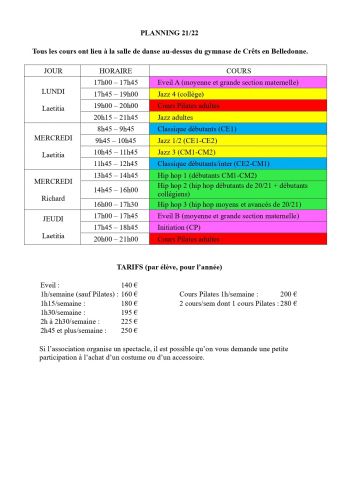 Planning des cours de l'association Hop and dance