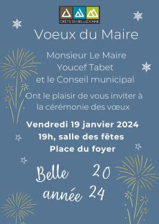 Cérémonie des voeux vendredi 19 janvier 2024 à 19h salle des fêtes