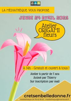 Atelier origami 24 avril 2025 médiathèque de Crêts en Belledonne