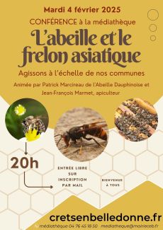 Conférence sur l'abeille et le frelon asiatique mardi 4 février à 20h à la médiathèque de Crêts en Belledonne.