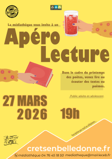 Apéro lecture à la médiathèque de Crêts en Belledonne le 27 mars 2026 à 19h
